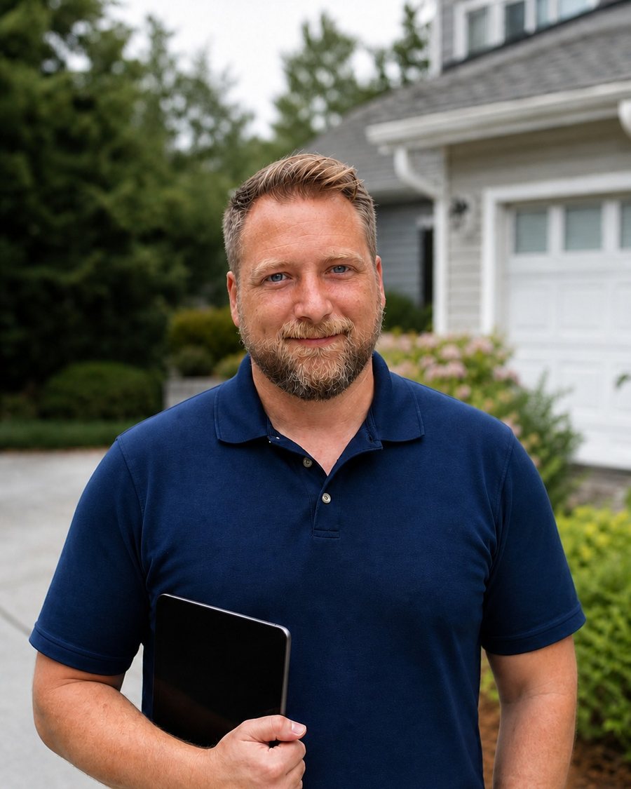 Matt Morrison standing in a driveway in front of a client’s home, holding a tablet